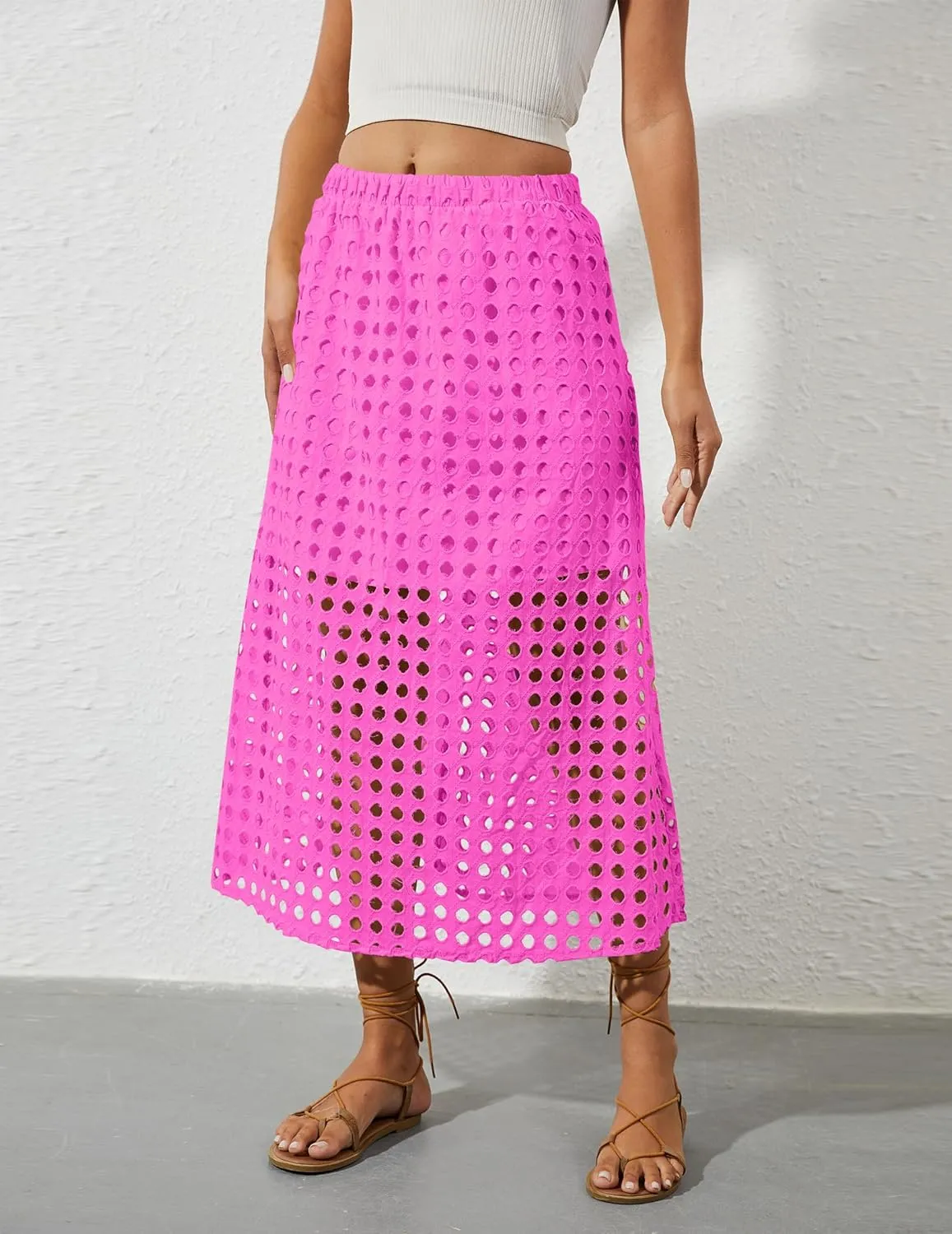 2025 Summer Casual Long Skirt for Women Hollow Out Midi Skirt Eyelet Beach Skirt
