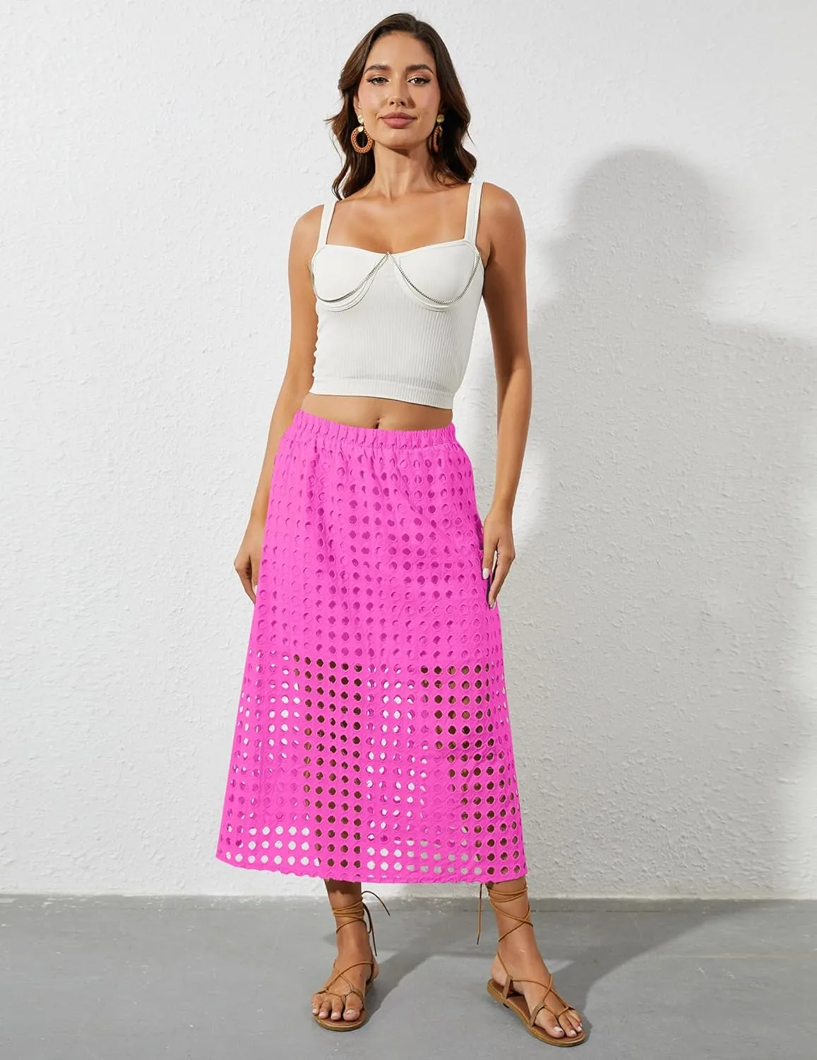 2025 Summer Casual Long Skirt for Women Hollow Out Midi Skirt Eyelet Beach Skirt