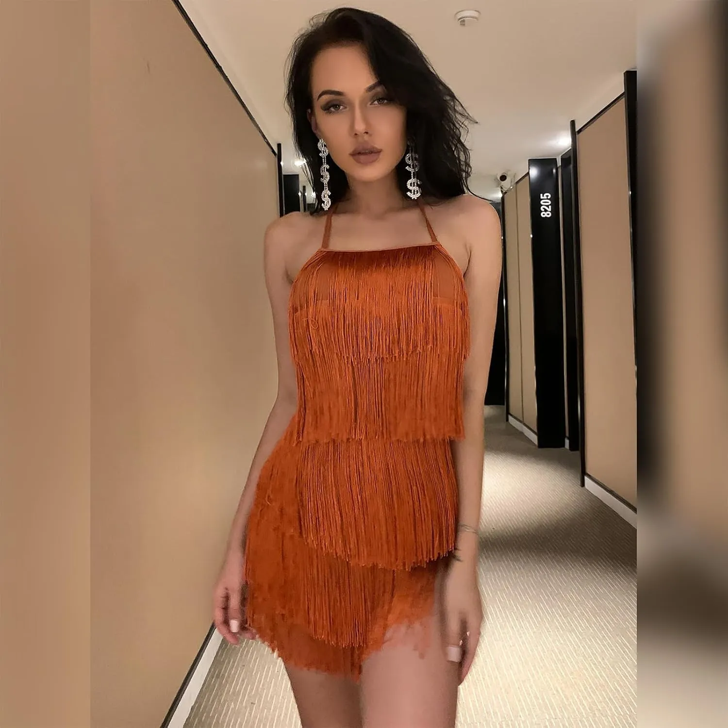 ABAFIP Women Halter Backless Fringe Mini Dress Layered Tassel Cocktail Concert Rave Party Mini Dance Dress