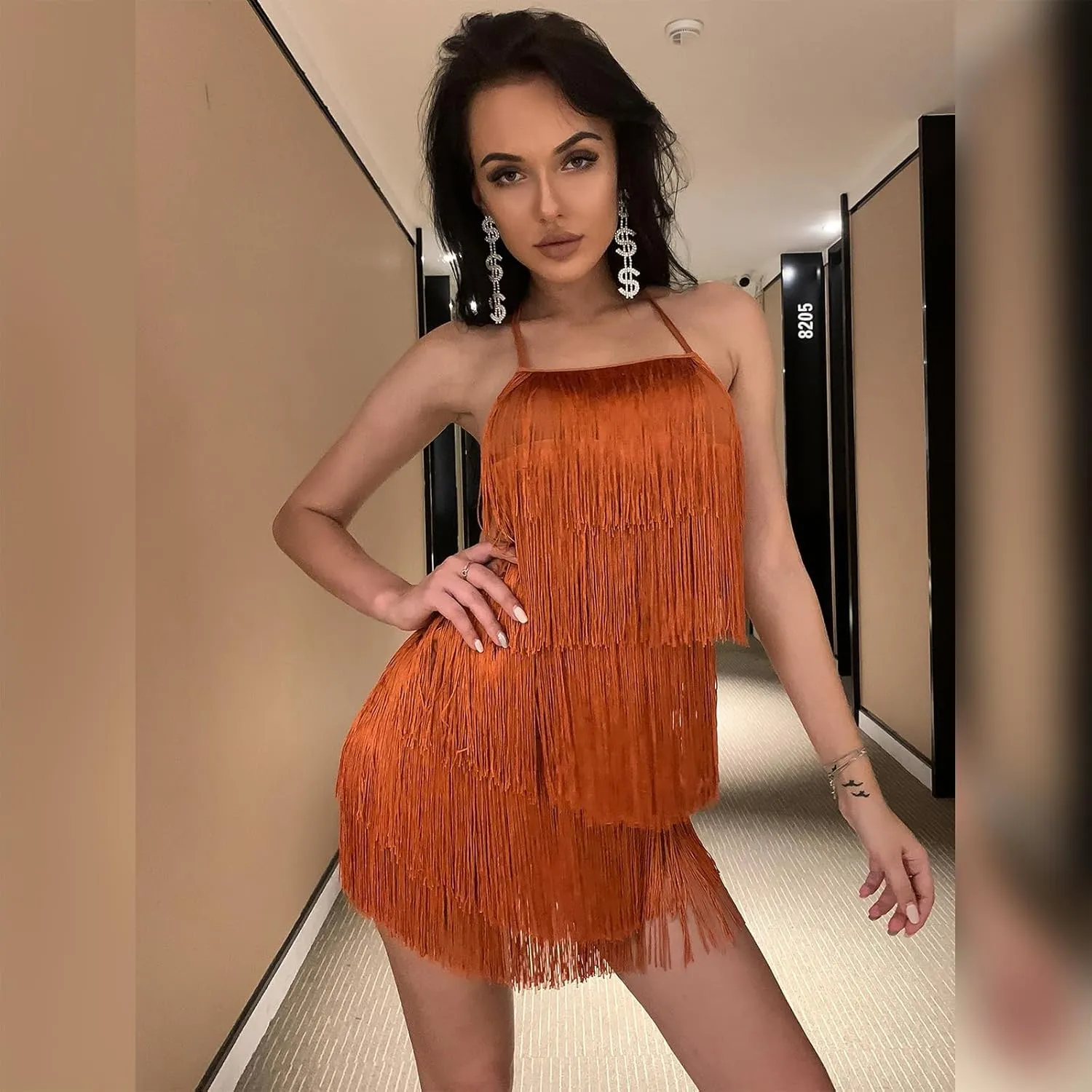 ABAFIP Women Halter Backless Fringe Mini Dress Layered Tassel Cocktail Concert Rave Party Mini Dance Dress