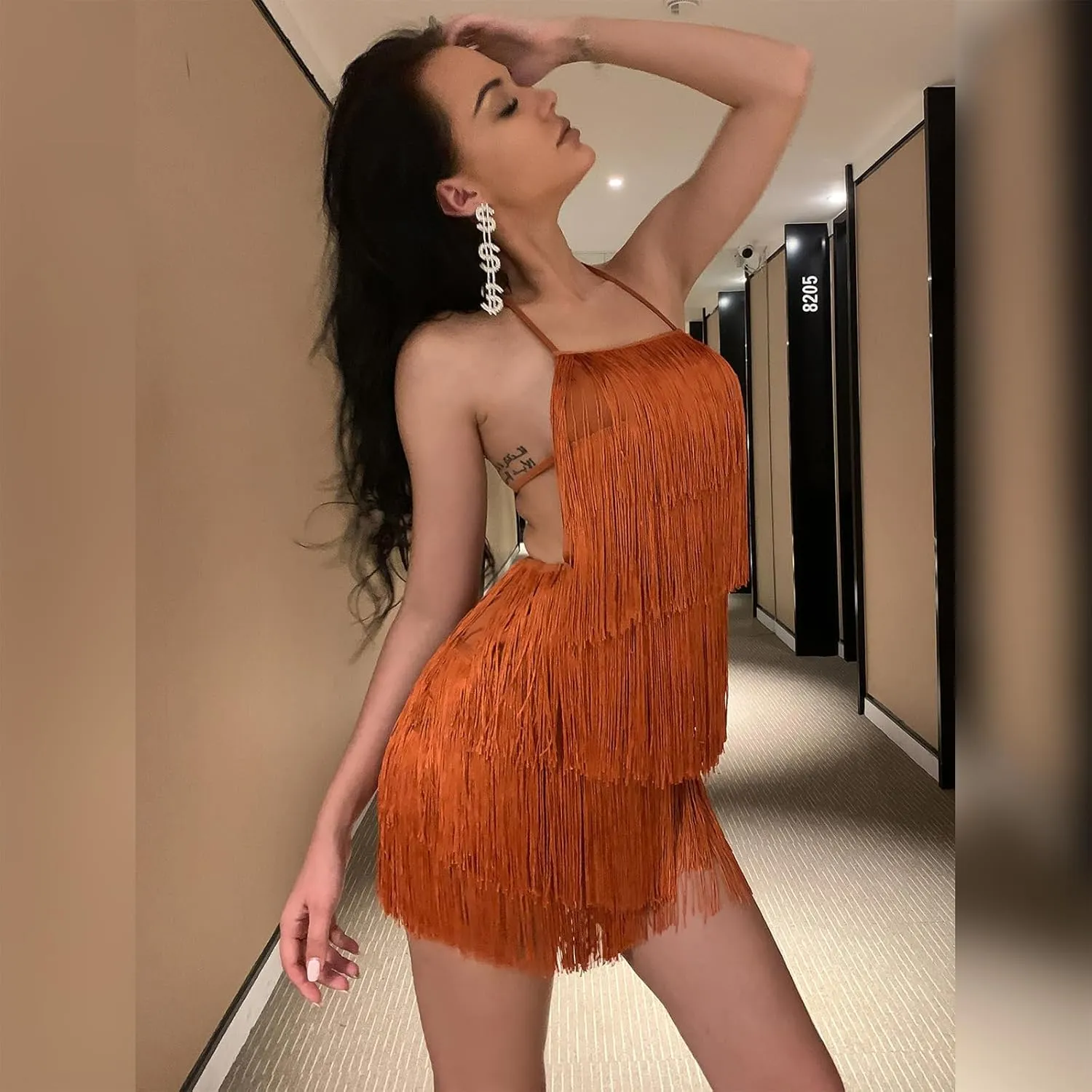 ABAFIP Women Halter Backless Fringe Mini Dress Layered Tassel Cocktail Concert Rave Party Mini Dance Dress