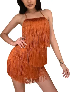 ABAFIP Women Halter Backless Fringe Mini Dress Layered Tassel Cocktail Concert Rave Party Mini Dance Dress