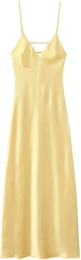 Aesthetic Liquid Satin Slip Dress Minimalist Open-Back Midi with Adjustable Crisscross Straps Day-to-Night Versatility