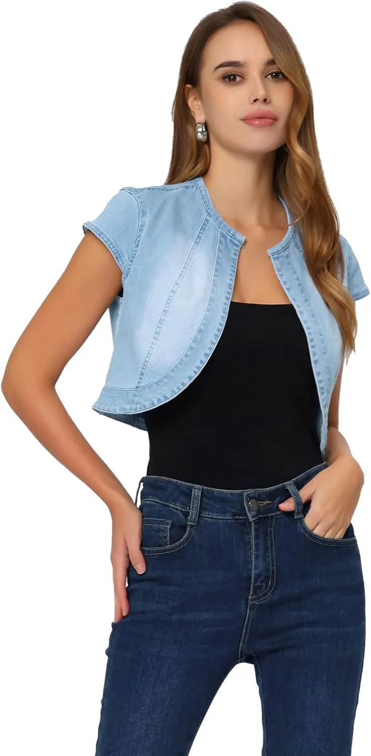 Allegra K Women's Crop Denim Jacket Short Sleeve Slim Fit Summer Outfits Jean Shrug Casual Jacket