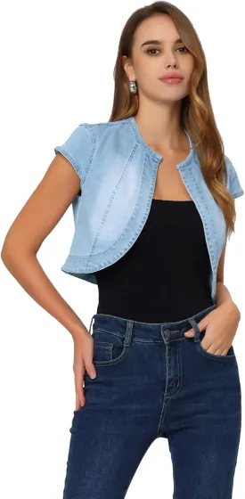 Allegra K Women's Crop Denim Jacket Short Sleeve Slim Fit Summer Outfits Jean Shrug Casual Jacket