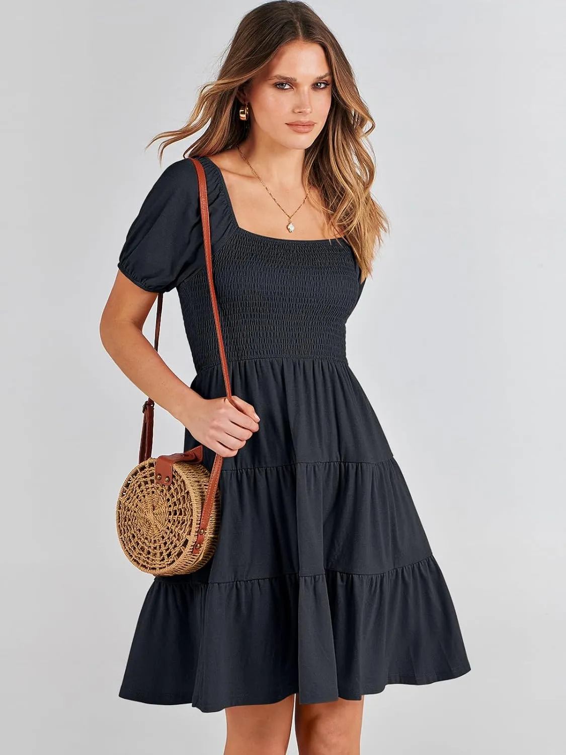 ANRABESS Womens 2025 Summer Casual Dress Square Neck Puff Sleeve Boho Beach Vacation Short Dress
