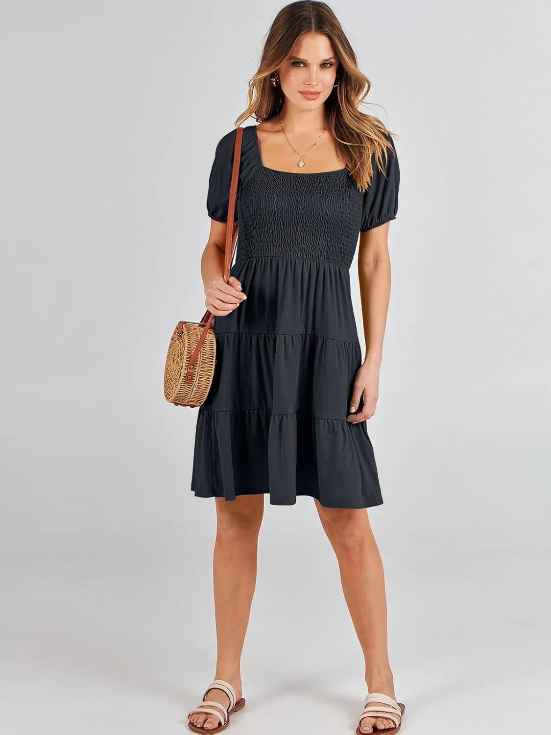 ANRABESS Womens 2025 Summer Casual Dress Square Neck Puff Sleeve Boho Beach Vacation Short Dress