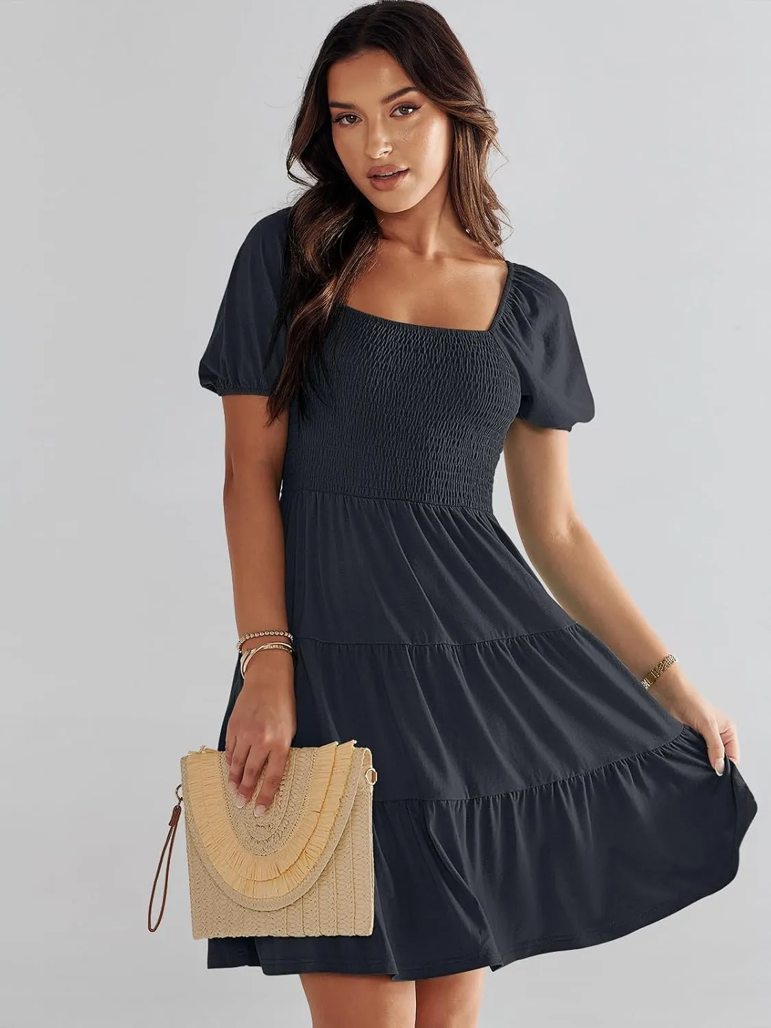 ANRABESS Womens 2025 Summer Casual Dress Square Neck Puff Sleeve Boho Beach Vacation Short Dress