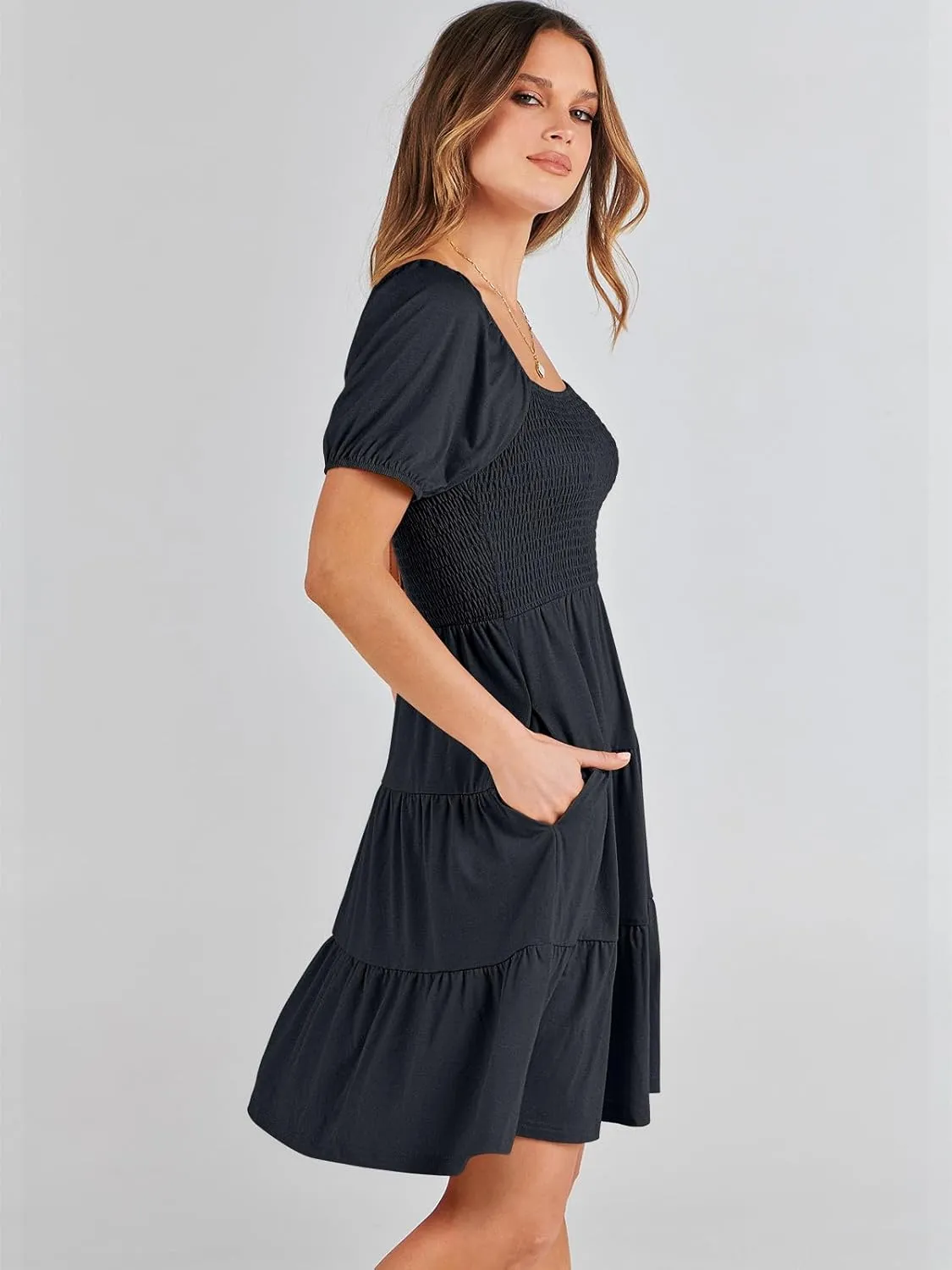 ANRABESS Womens 2025 Summer Casual Dress Square Neck Puff Sleeve Boho Beach Vacation Short Dress