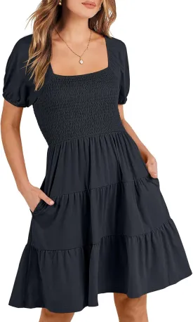 ANRABESS Womens 2025 Summer Casual Dress Square Neck Puff Sleeve Boho Beach Vacation Short Dress