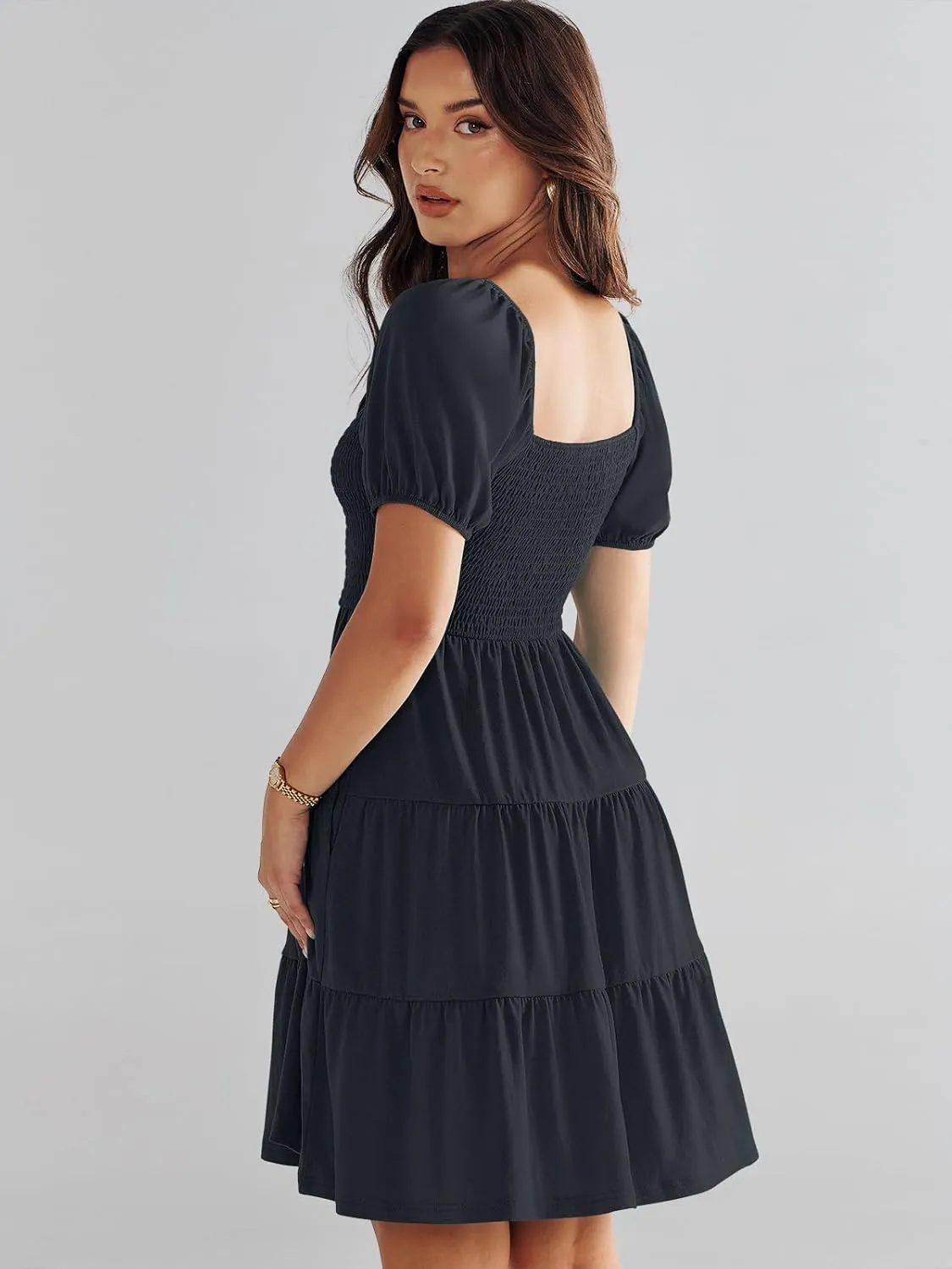 ANRABESS Womens 2025 Summer Casual Dress Square Neck Puff Sleeve Boho Beach Vacation Short Dress