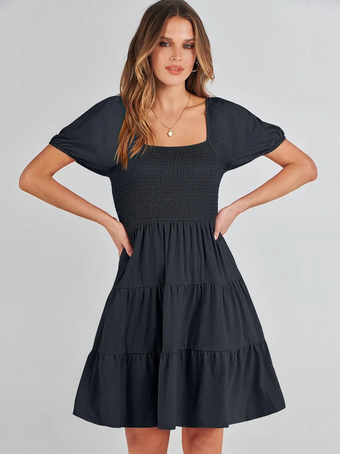 ANRABESS Womens 2025 Summer Casual Dress Square Neck Puff Sleeve Boho Beach Vacation Short Dress