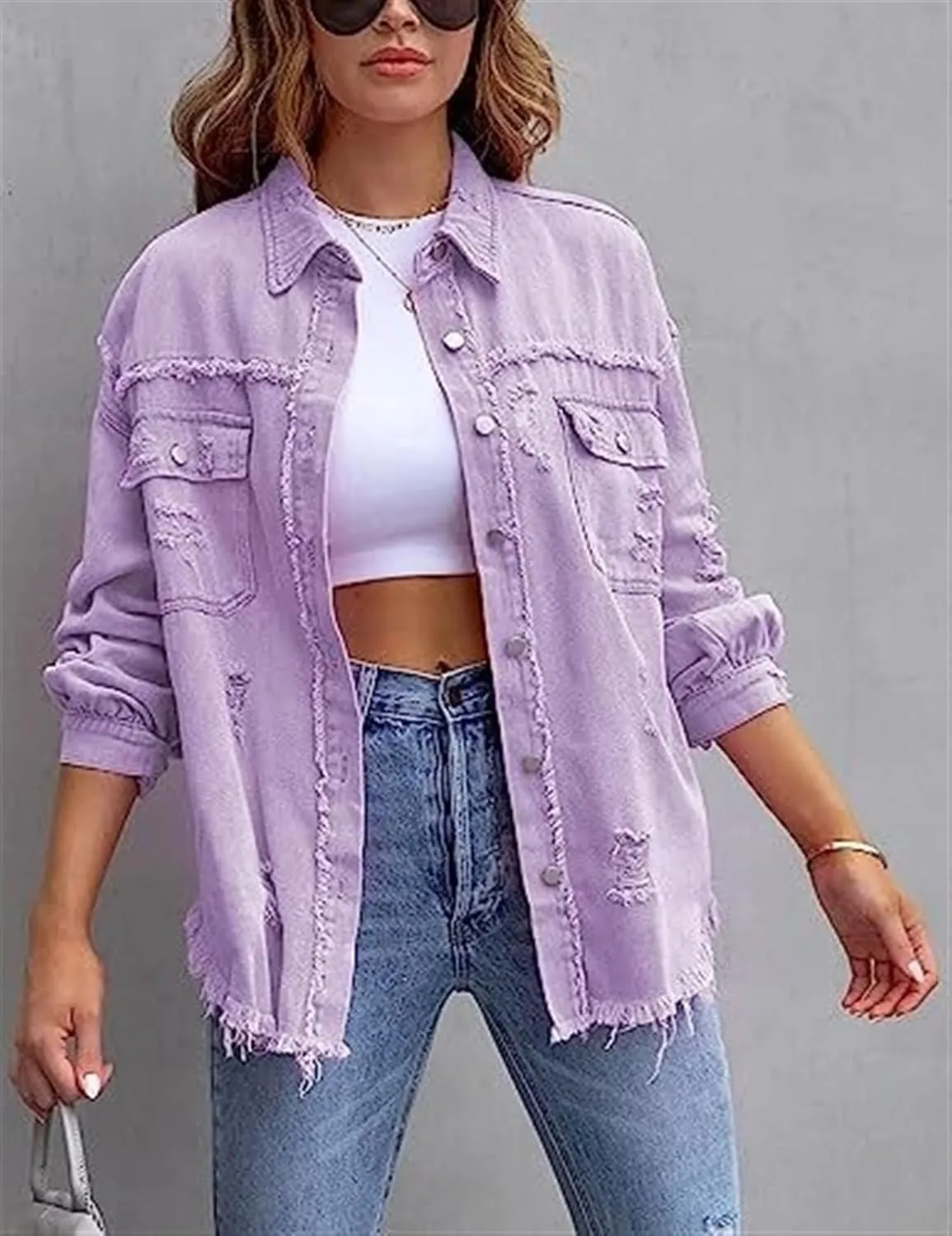 AYGJKIE Women's Oversized Frayed Lightweight Denim Jacket Button Down Ripped Distressed Jean Shacket