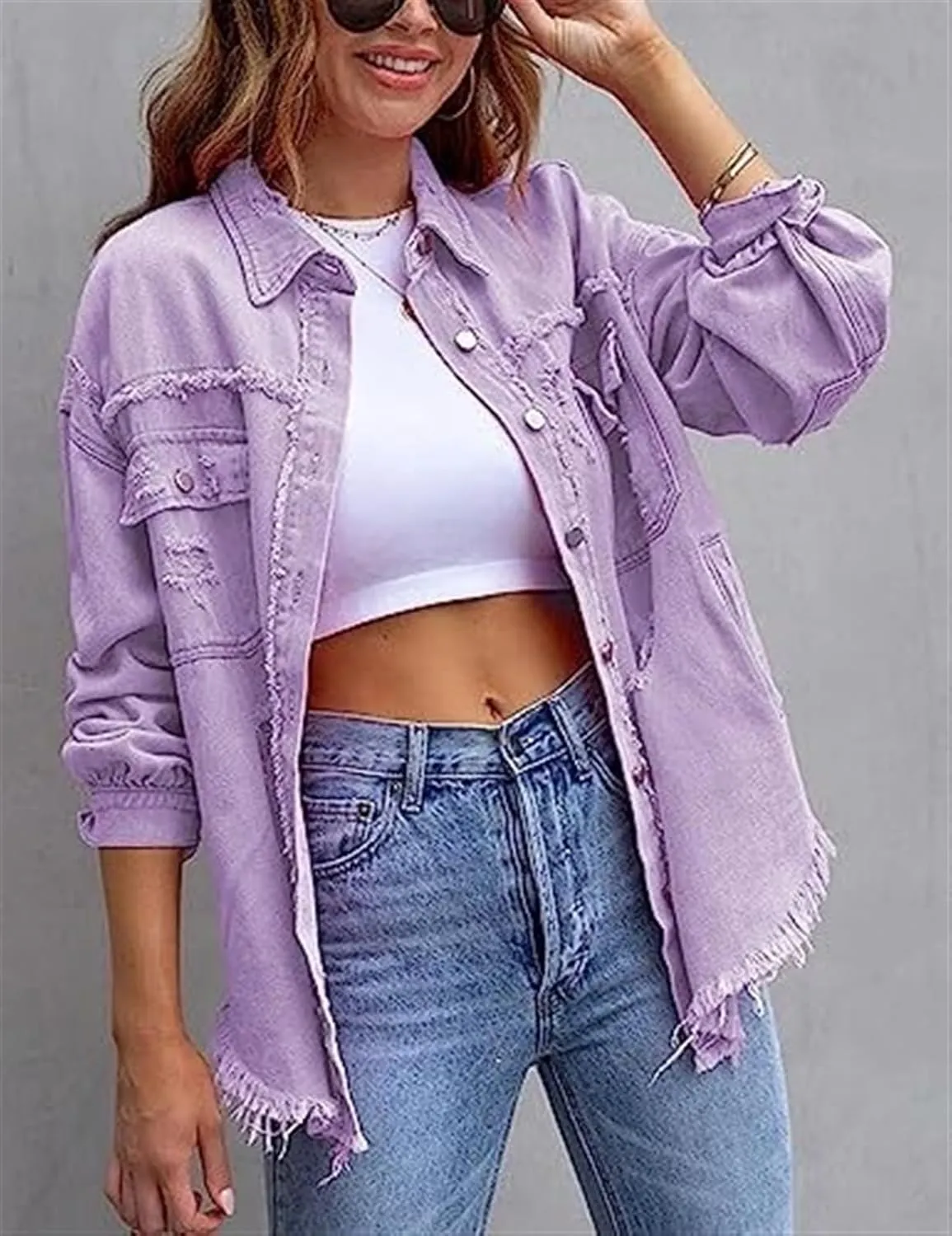 AYGJKIE Women's Oversized Frayed Lightweight Denim Jacket Button Down Ripped Distressed Jean Shacket