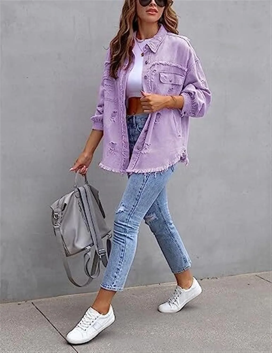 AYGJKIE Women's Oversized Frayed Lightweight Denim Jacket Button Down Ripped Distressed Jean Shacket