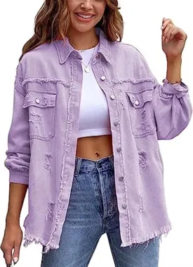 AYGJKIE Women's Oversized Frayed Lightweight Denim Jacket Button Down Ripped Distressed Jean Shacket