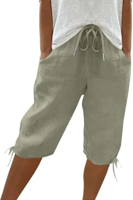 Bermuda Shorts for Women High Waisted Linen Capri Pants Knee Length Elastic Waist Drawstring Trousers with Pockets