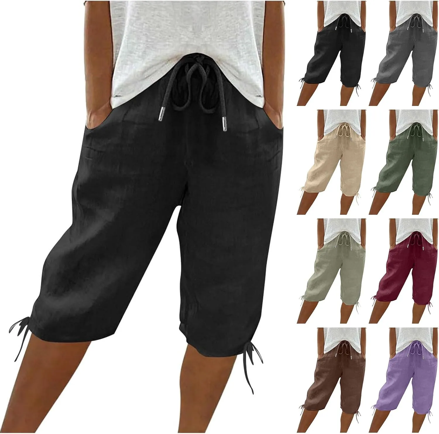 Bermuda Shorts for Women High Waisted Linen Capri Pants Knee Length Elastic Waist Drawstring Trousers with Pockets