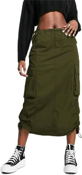 BLUEMING Women Y2k Cargo Long Skirt Low Waist Drawstring Maxi Skirt Ruched Vintage Slit Cargo Skirt with Pockets