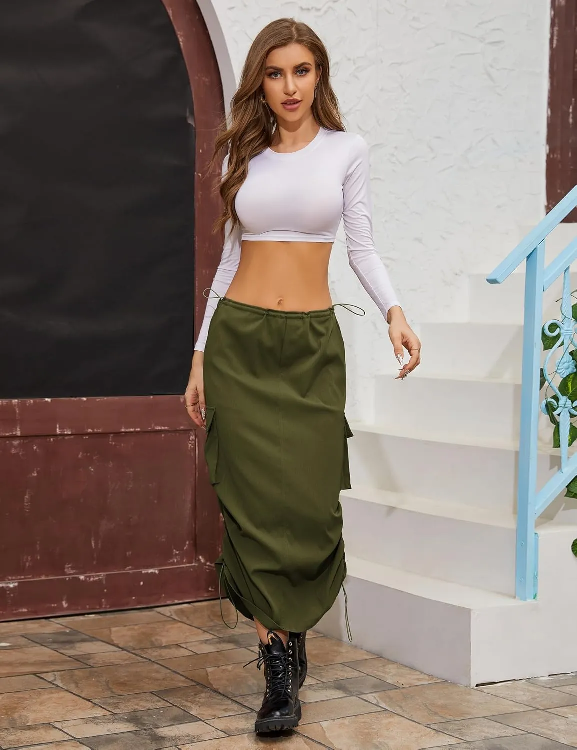 BLUEMING Women Y2k Cargo Long Skirt Low Waist Drawstring Maxi Skirt Ruched Vintage Slit Cargo Skirt with Pockets