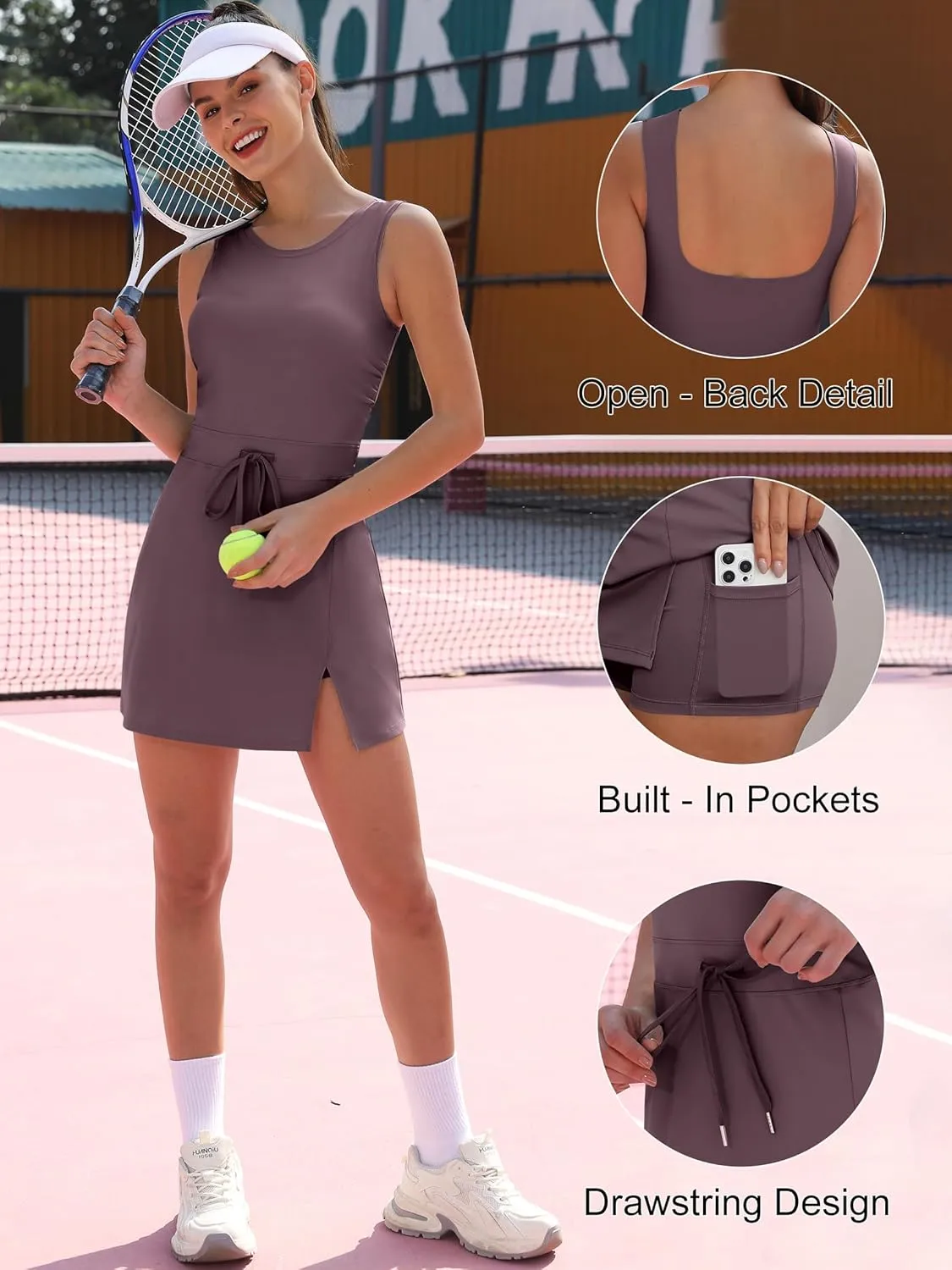 Caracilia Women Athletic Dress Tennis Active Workout Sleeveless Fitted Slit Summer Mini Golf Romper Dresses Built in Shorts