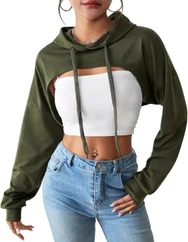 Century Star Womens Long Sleeve Super Cropped Hoodie Pullover Crop Sweatshirts Sexy Workout Gym Drawstring Top