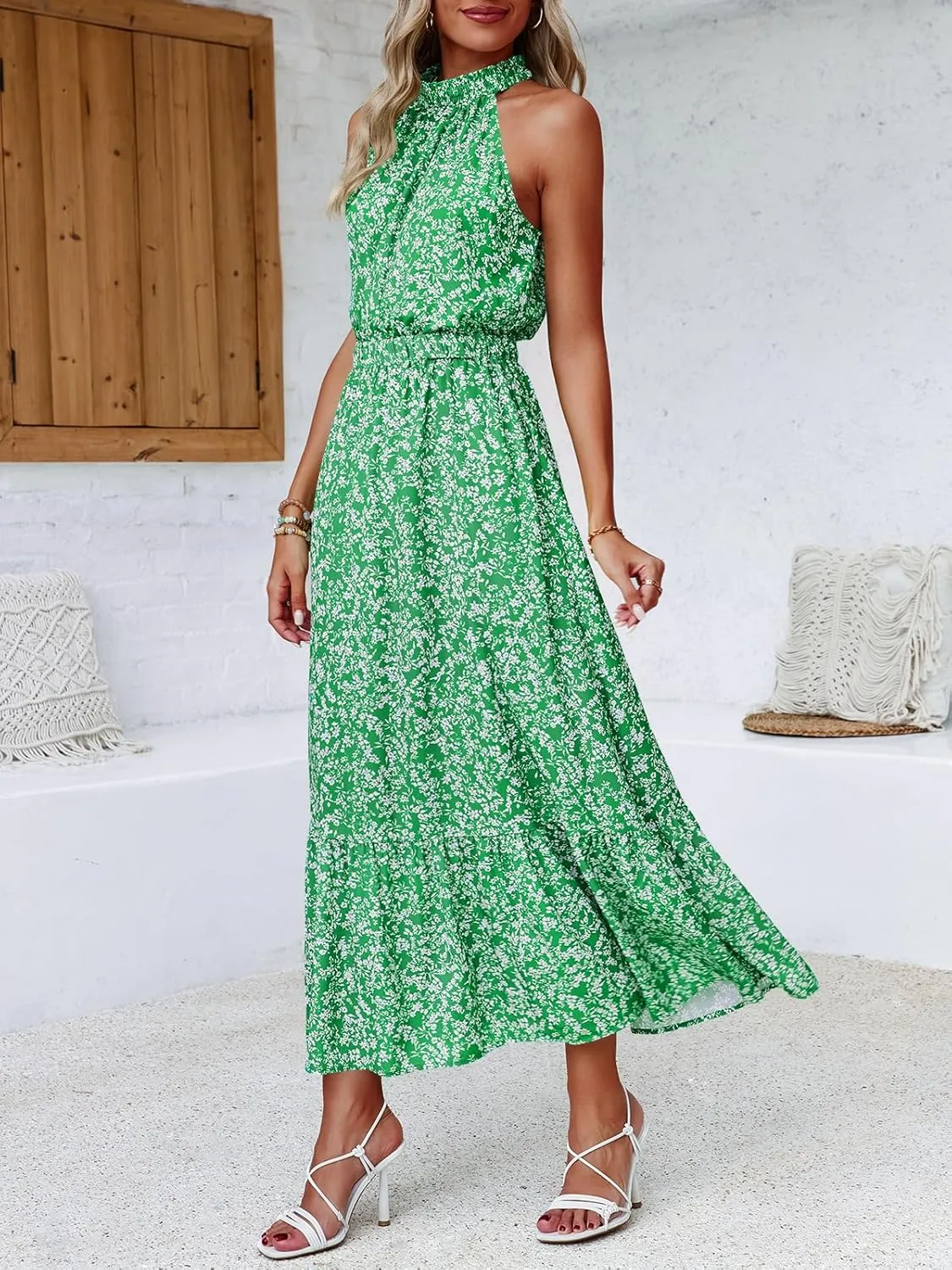 Chang Yun Maxi Summer Dresses for Women Halter Sleeveless Floral Boho Sun Vacation Outfits Long Wedding Guest Dress