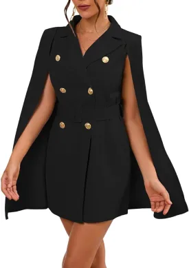 CHARTOU Women Elegant Blazer Dress Poncho Cape Double Breasted Office Work Mini Dress Blazer Jacket