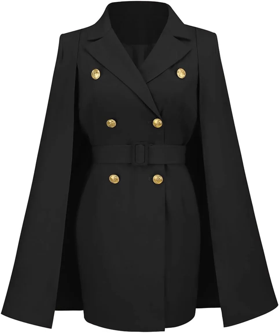 CHARTOU Women Elegant Blazer Dress Poncho Cape Double Breasted Office Work Mini Dress Blazer Jacket
