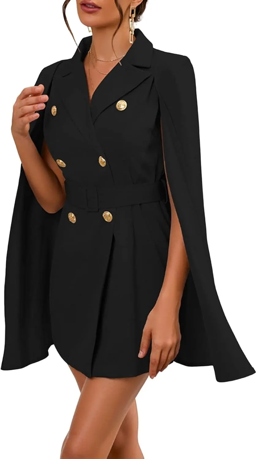 CHARTOU Women Elegant Blazer Dress Poncho Cape Double Breasted Office Work Mini Dress Blazer Jacket