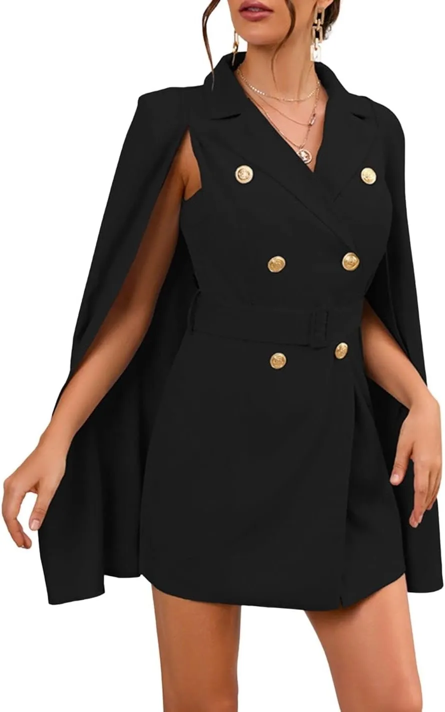 CHARTOU Women Elegant Blazer Dress Poncho Cape Double Breasted Office Work Mini Dress Blazer Jacket