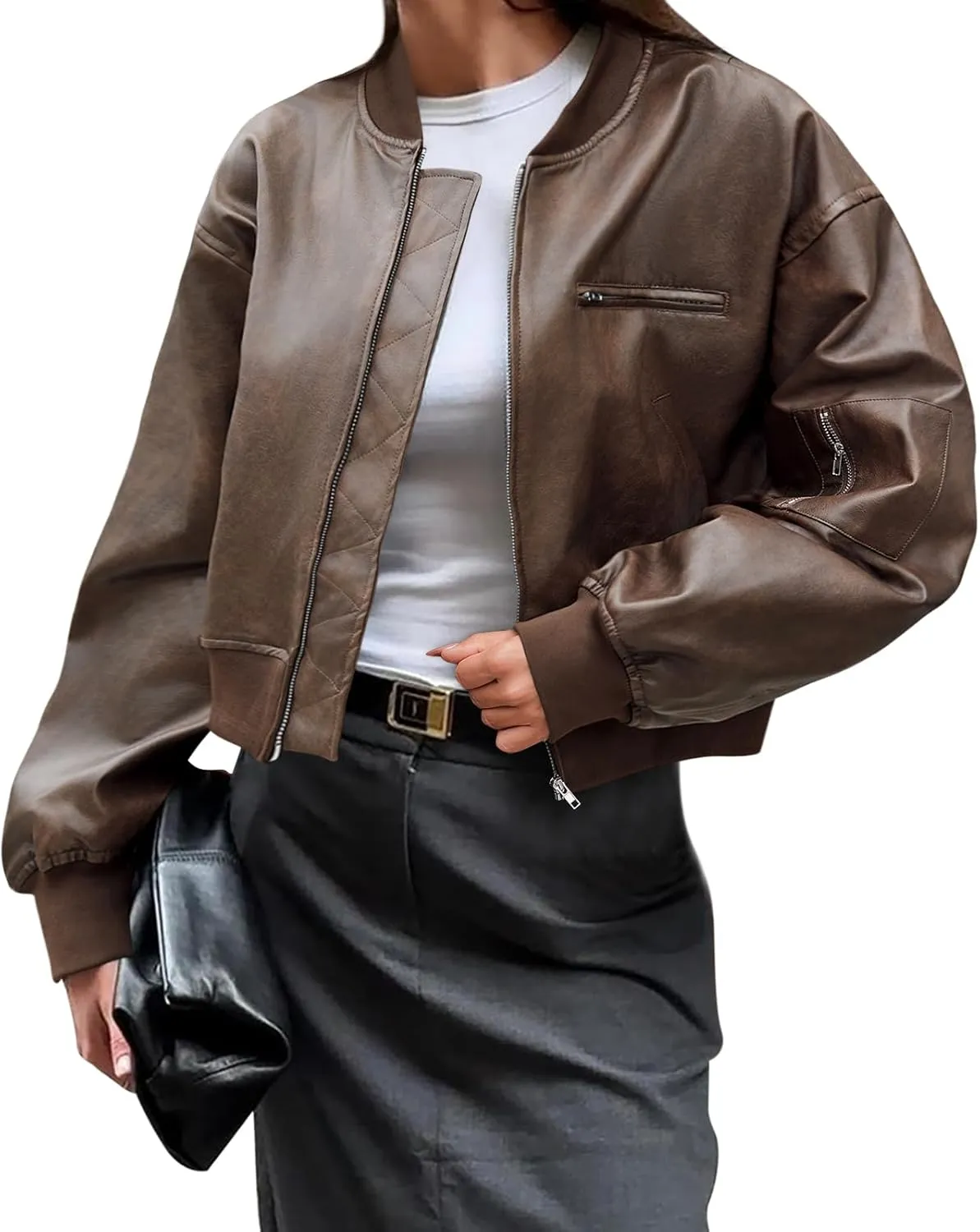 Cicy Bell Womens Faux Leather Bomber Jackets Baseball Collar Zip Up Cropped Biker Coat with Pockets