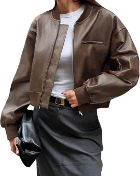 Cicy Bell Womens Faux Leather Bomber Jackets Baseball Collar Zip Up Cropped Biker Coat with Pockets