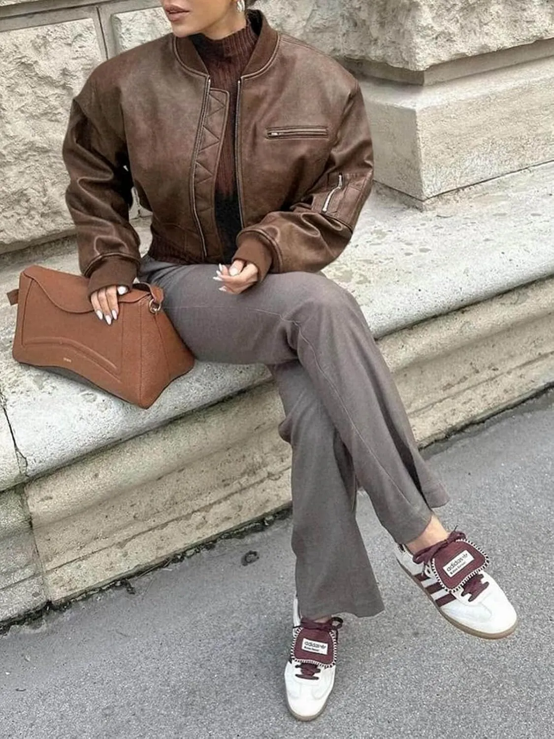 Cicy Bell Womens Faux Leather Bomber Jackets Baseball Collar Zip Up Cropped Biker Coat with Pockets