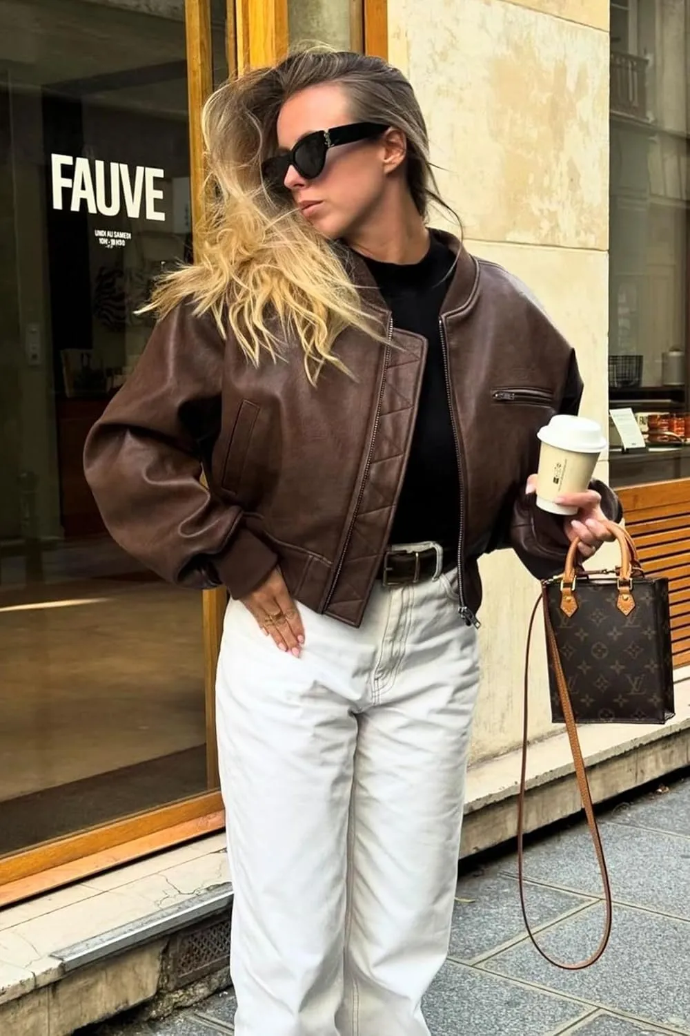 Cicy Bell Womens Faux Leather Bomber Jackets Baseball Collar Zip Up Cropped Biker Coat with Pockets