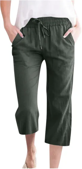 Cotton Linen Pants for Women Trendy 2024 High Waist Drawstring Cropped Pant Trousers Casual Summer Wide Leg Capris