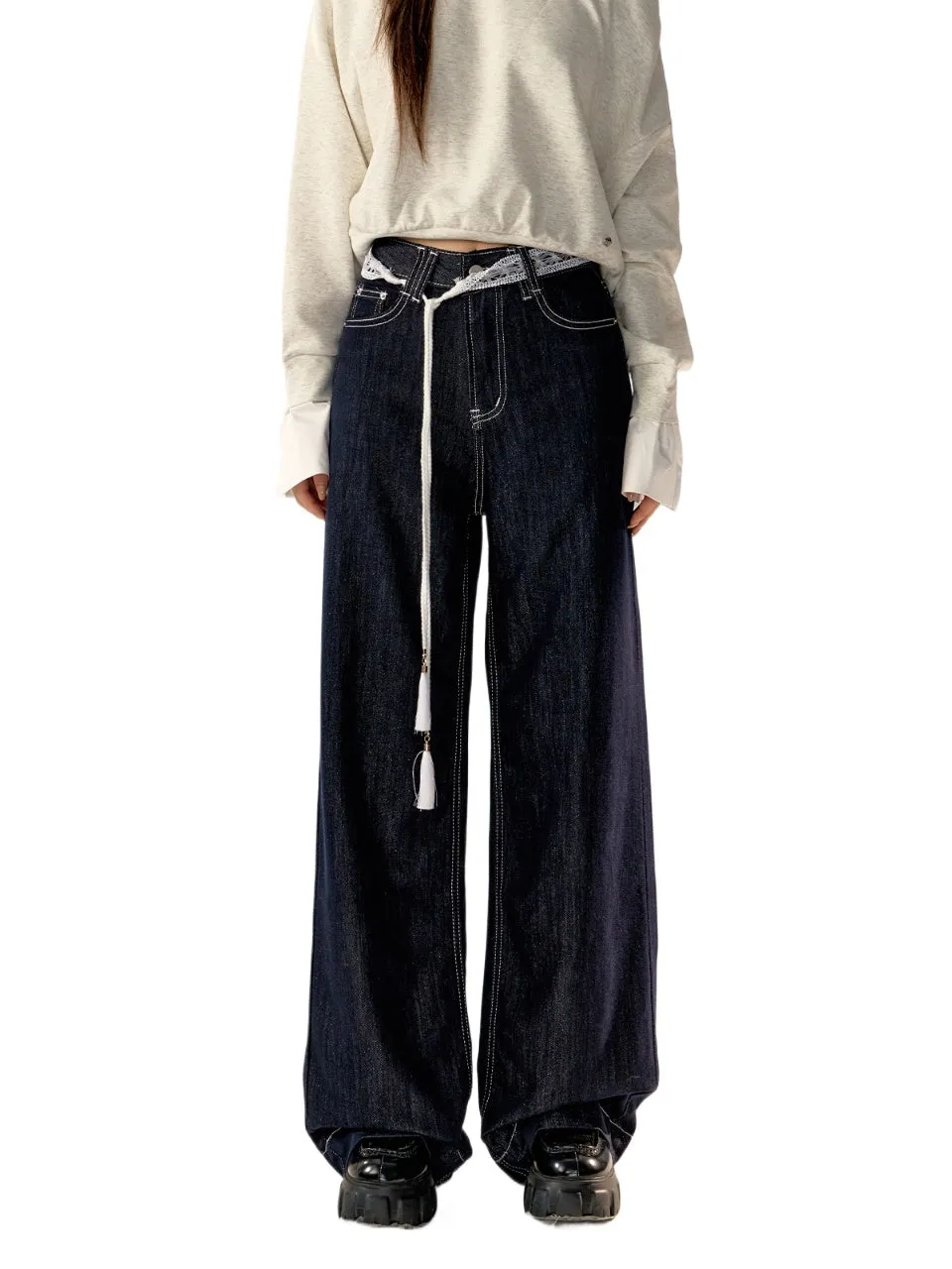 Dark Blue High-waist Wide-leg Pants