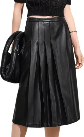 DIASHINY Women Faux Leather Skirt High Waist Pleated Mid PU Flare Skirt