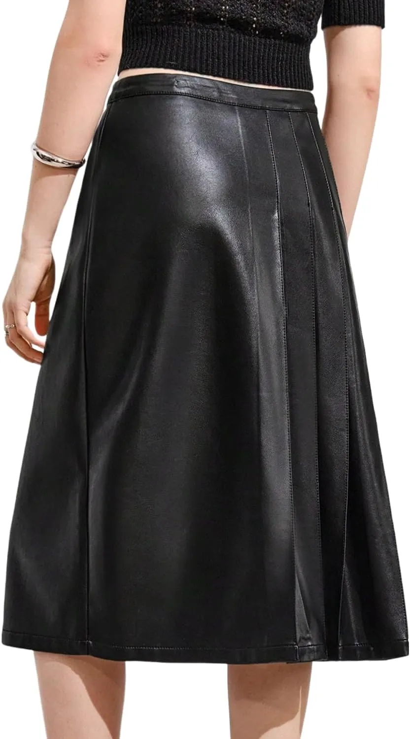 DIASHINY Women Faux Leather Skirt High Waist Pleated Mid PU Flare Skirt