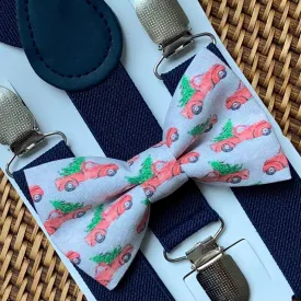 Grey Christmas Tree Cars Bow Tie & Navy Suspenders Set