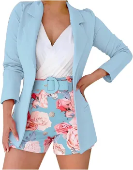 hlysgo Women's Blazer Shorts Set 2 Piece Outfits Long Sleeve Blazer Jacket with Shorts Elegant Business Office Suit Sets