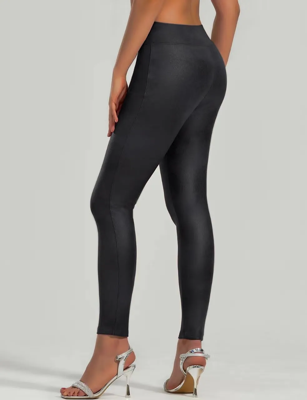 JK SUE JONES Faux Leather Pants for Women Bell Bottoms with Pockets Shiny Pleather Leggings Sexy High Waisted Tummy Control