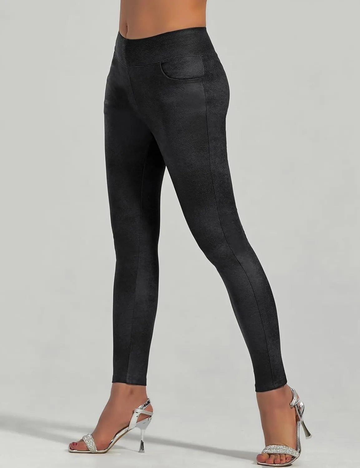 JK SUE JONES Faux Leather Pants for Women Bell Bottoms with Pockets Shiny Pleather Leggings Sexy High Waisted Tummy Control