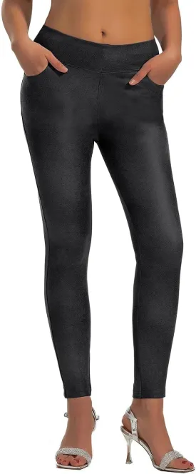 JK SUE JONES Faux Leather Pants for Women Bell Bottoms with Pockets Shiny Pleather Leggings Sexy High Waisted Tummy Control