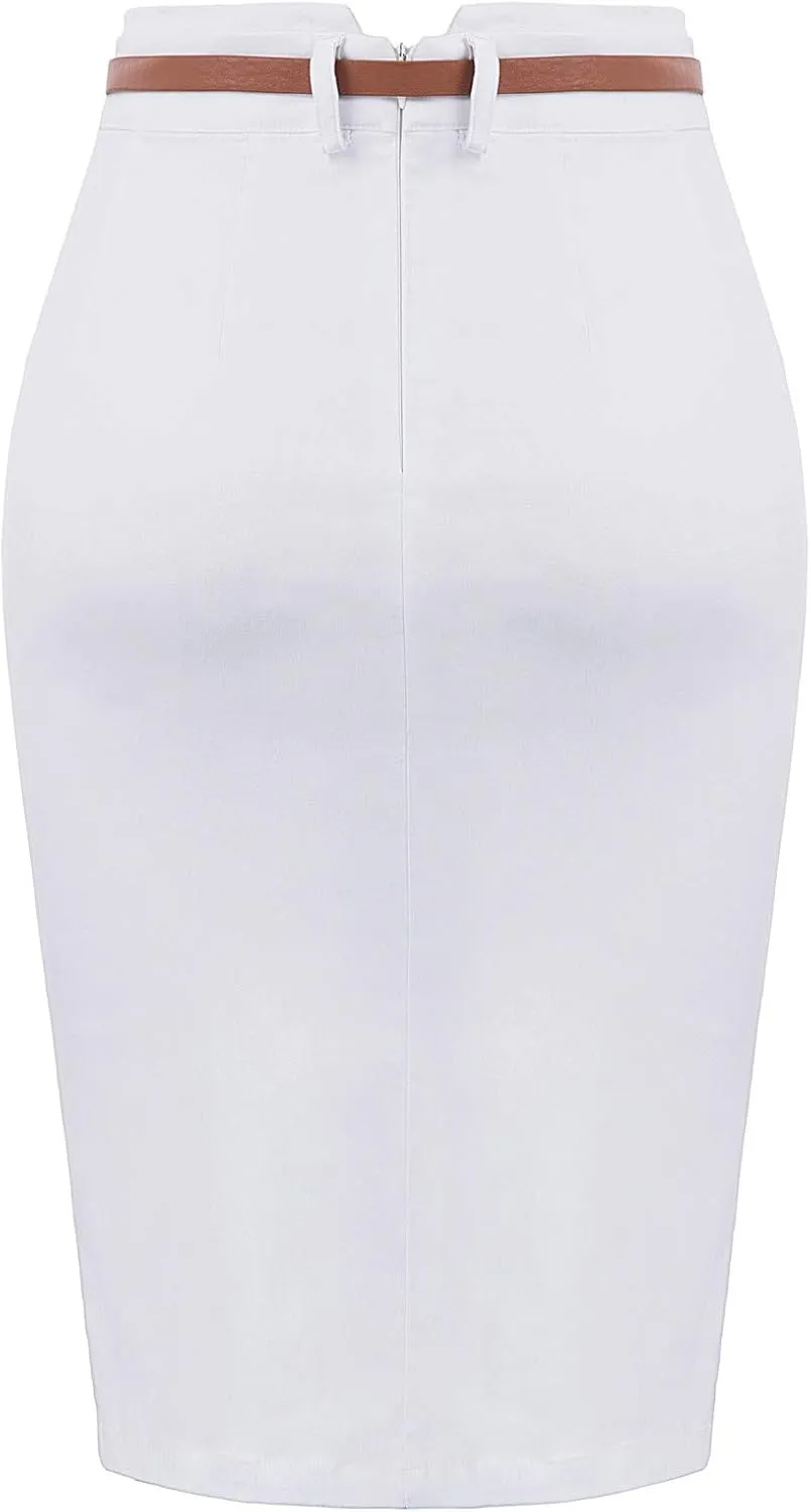 Kate Kasin Women's Bodycon Pencil Skirt with Belt Solid Color Hip-Wrapped