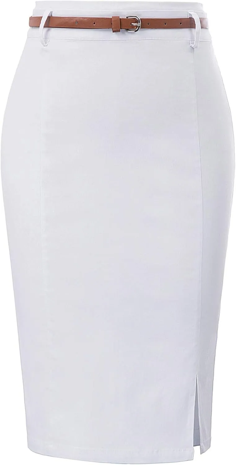 Kate Kasin Women's Bodycon Pencil Skirt with Belt Solid Color Hip-Wrapped