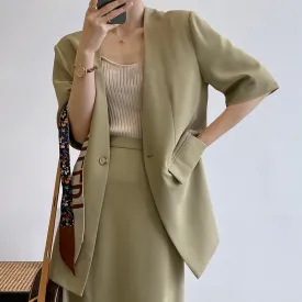 [Korean Style] Collarless Single Button Short Sleeve Blazer Front Slit Skirt