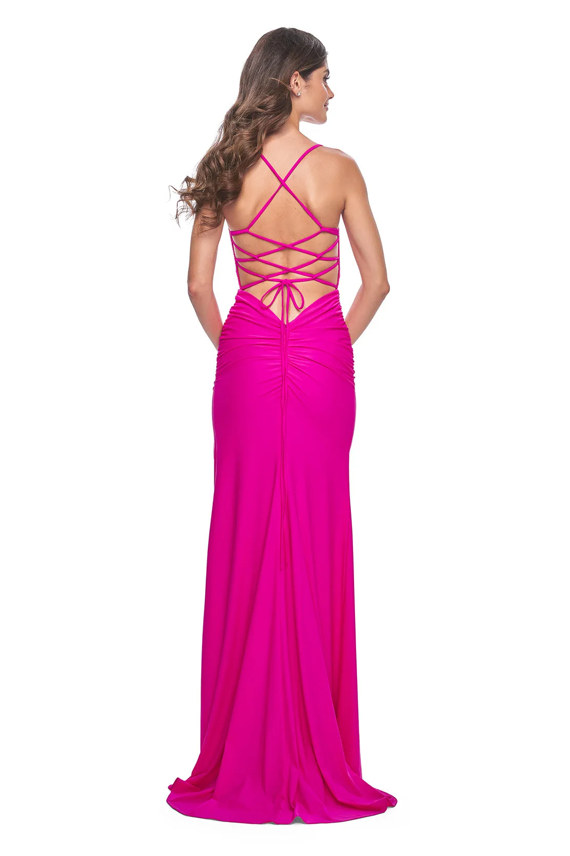 La Femme - 32321 - Rhinestone Embellished Lace Bodice Gown
