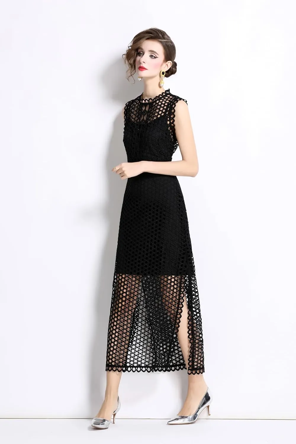 LAI MENG FIVE CATS Women's Summer Lace Eyelet Sleeveless Split Midi Dress with Slip Cami Dress
