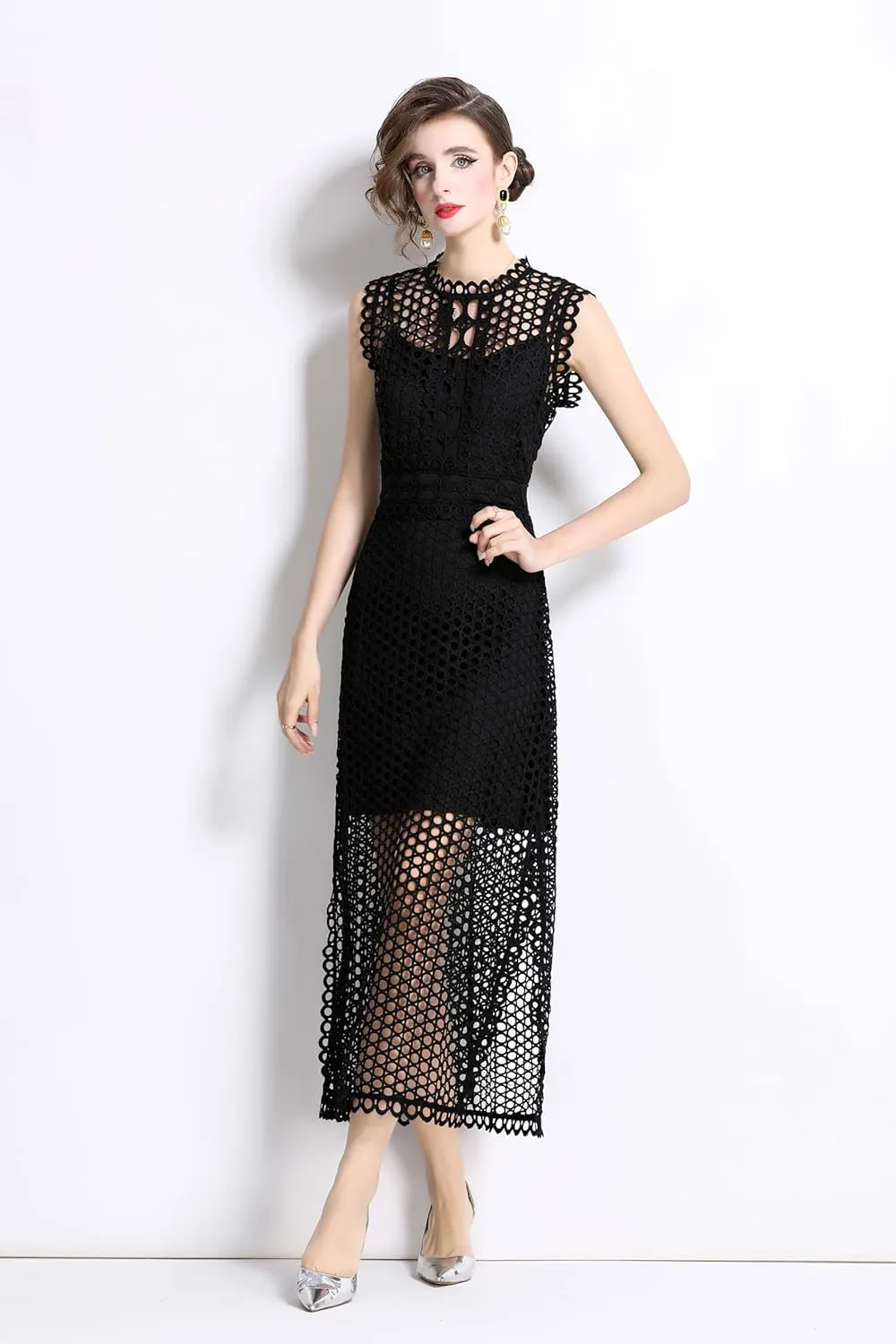LAI MENG FIVE CATS Women's Summer Lace Eyelet Sleeveless Split Midi Dress with Slip Cami Dress